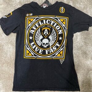 Affliction Men's Black Tee with Yellow and White Graphics